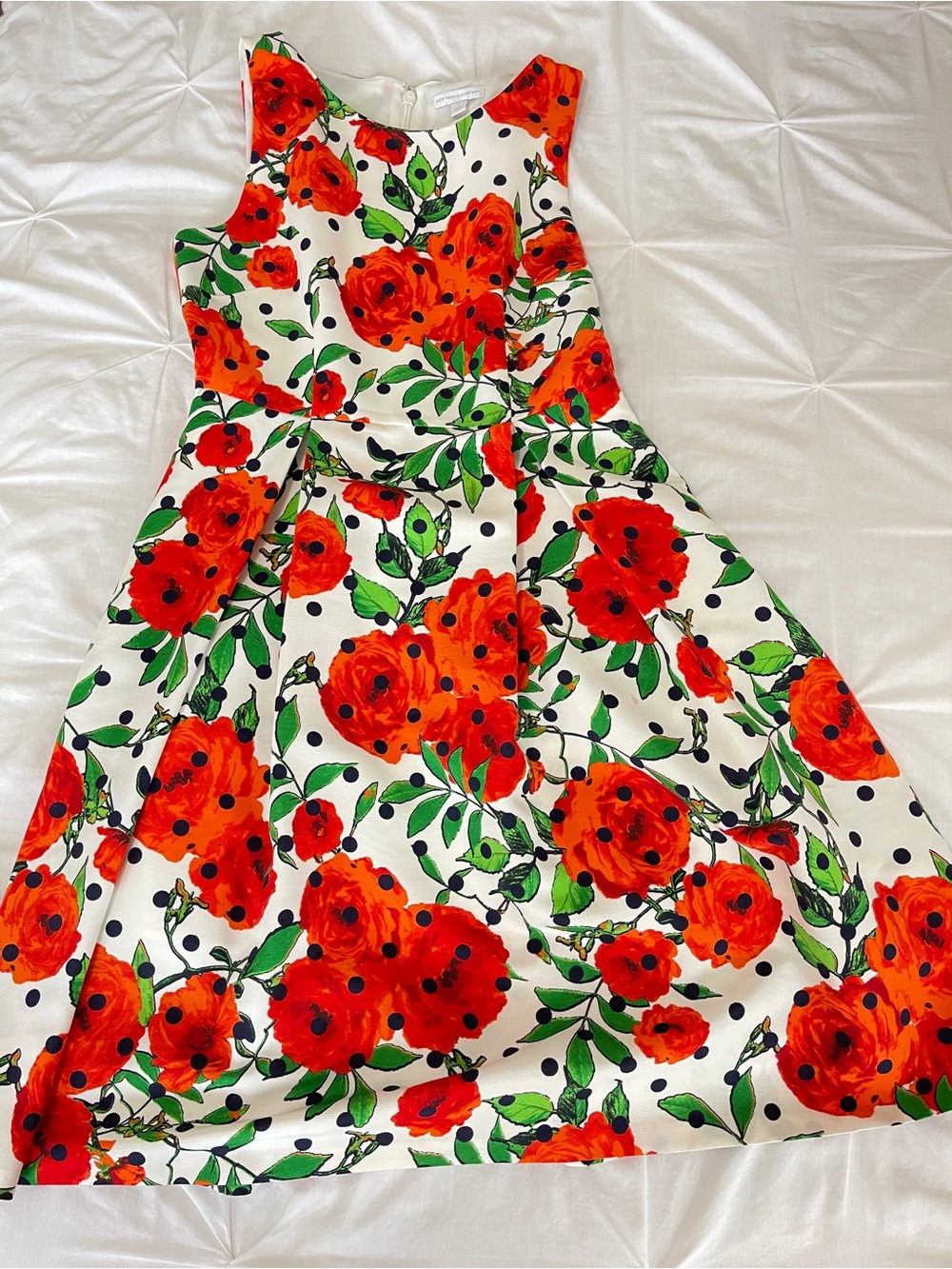 New York & Company White Midi Dress with Red Floral Print and Green Leaves